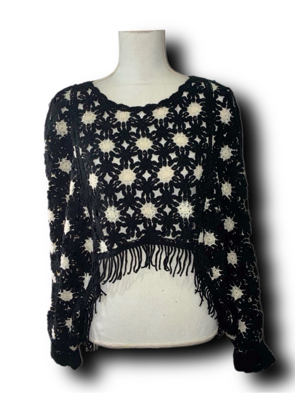 House of Harlow 1960 Black & Cream Crochet Fringe Shrug Boho Hippie Festival